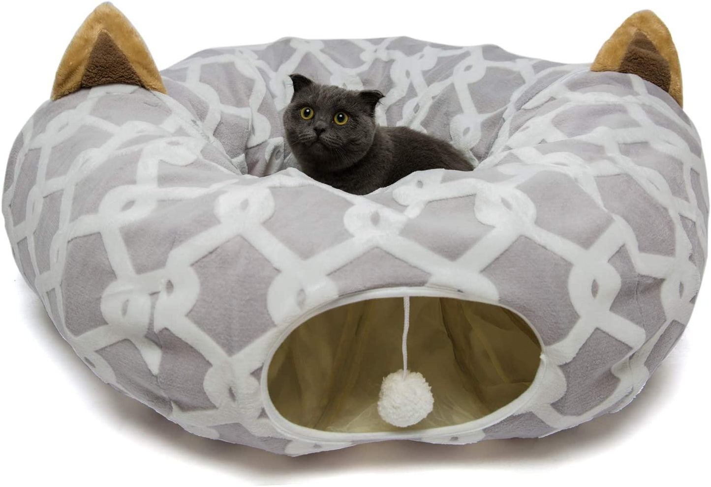 Cat Dog Tunnel Bed with Cushion Tube Toys Oxford Cloth Large Diameter Longer Crinkle Collapsible 3 Way for Large Cats Kittens Kitty Small Puppy Outdoor 3FT