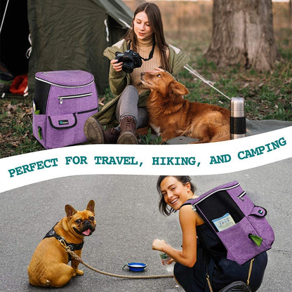 Dog Travel Bag Backpack, Airline Approved Dog Bags for Traveling, Puppy Diaper Bag Supplies, Pet Camping Essentials Hiking Accessories Dog Mom Gift, Food Container, Collapsible Bowls, Purple