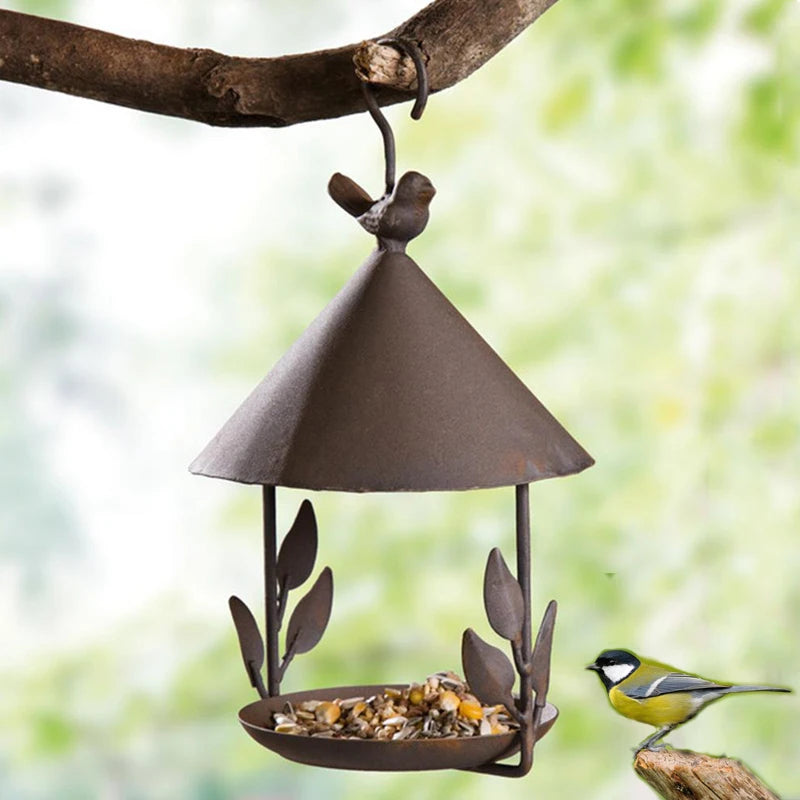 Iron Bird Feeder Rainproof Windproof Hanging Style Pet Bird Feeder for Various Pet Birds Feeding Supplies Outdoor Garden Decor