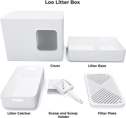 Meowy Studio Loo Modern Cat Litter Box - All in One Cover Litter Filter Plate Scoop and Holder, Aspen White